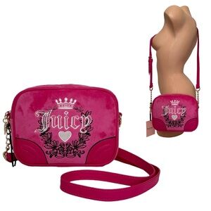 Juicy Couture Heritage Crossbody Velour Shoulder Bag Pink Flash Embroidery Purse